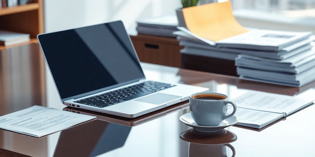 Laptop, coffee, and professional documents