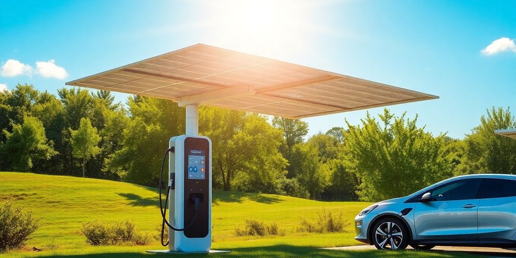 Solar panels powering EV charger