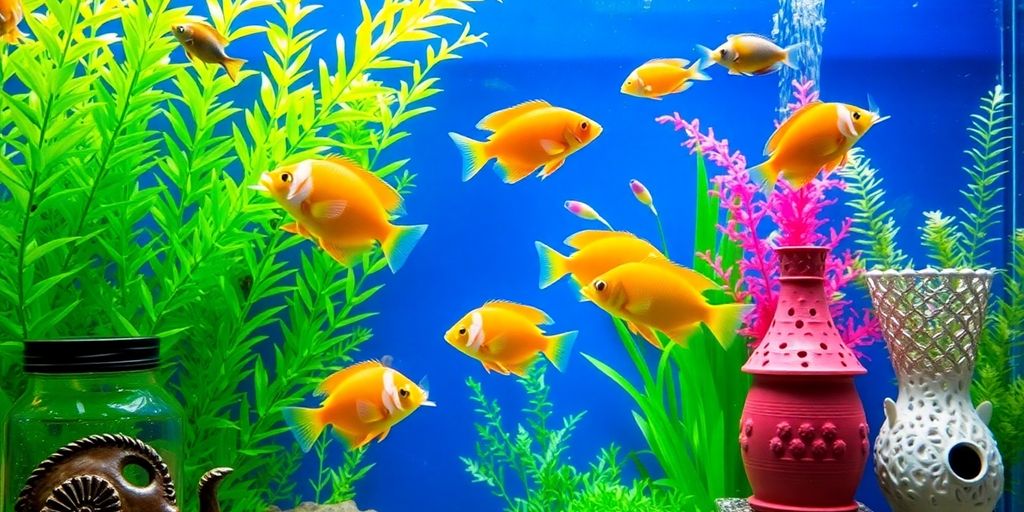 Colorful fish and plants in a beautiful aquarium.