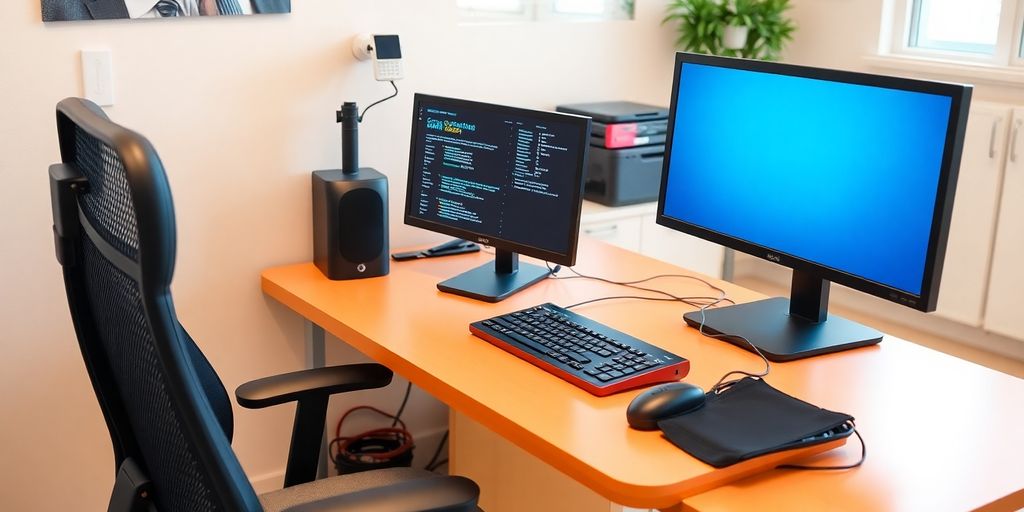 Accessible workspace with ergonomic tools and bright colors.