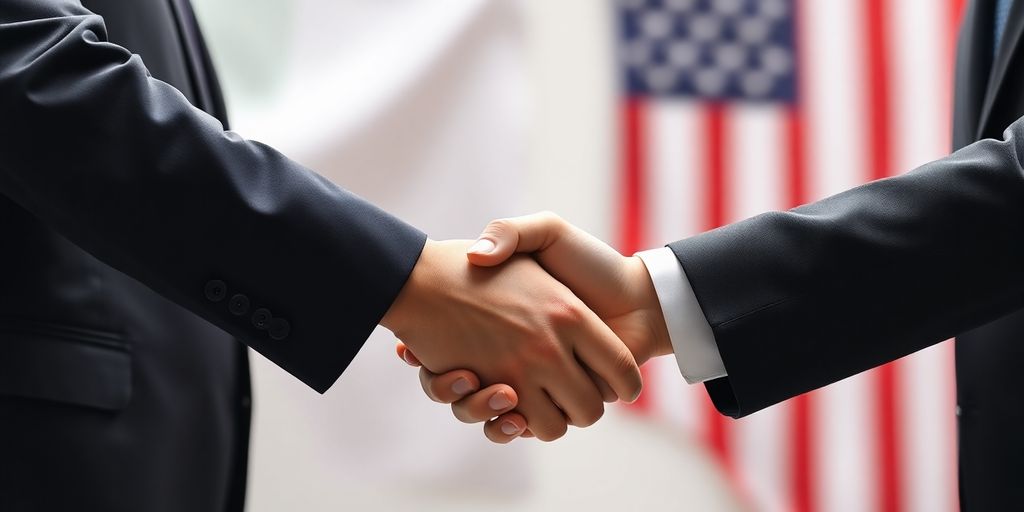 Irish and American flags with a handshake.