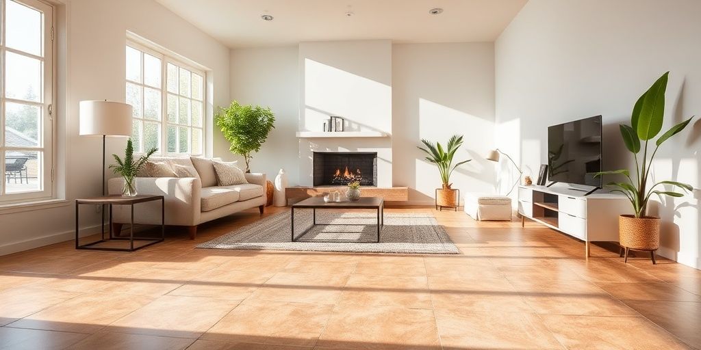 Beautifully tiled living room with natural light.