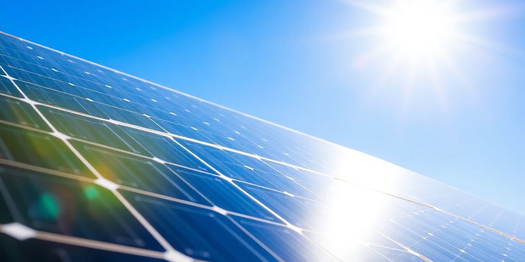 Close-up of solar panels under bright sunlight.