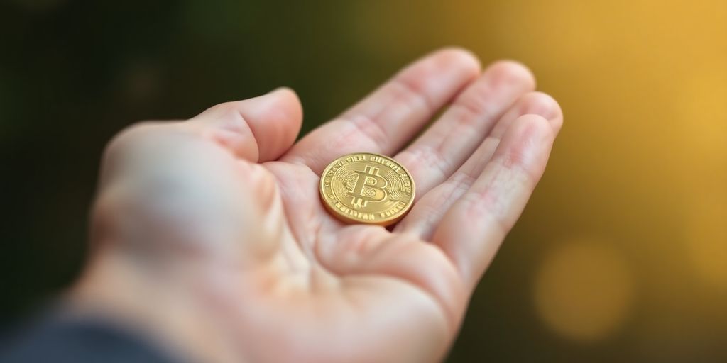 Une main tenant délicatement une petite pièce d'or.