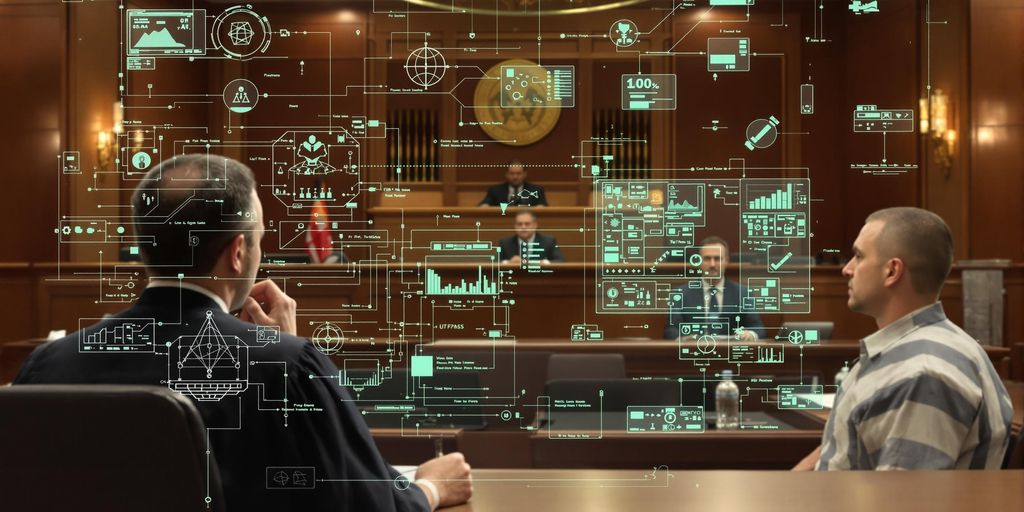 Courtroom with AI system analyzing a criminal case.