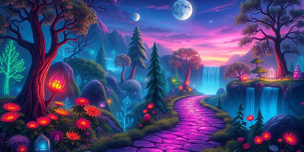 Magical pathway through enchanted forest at twilight.