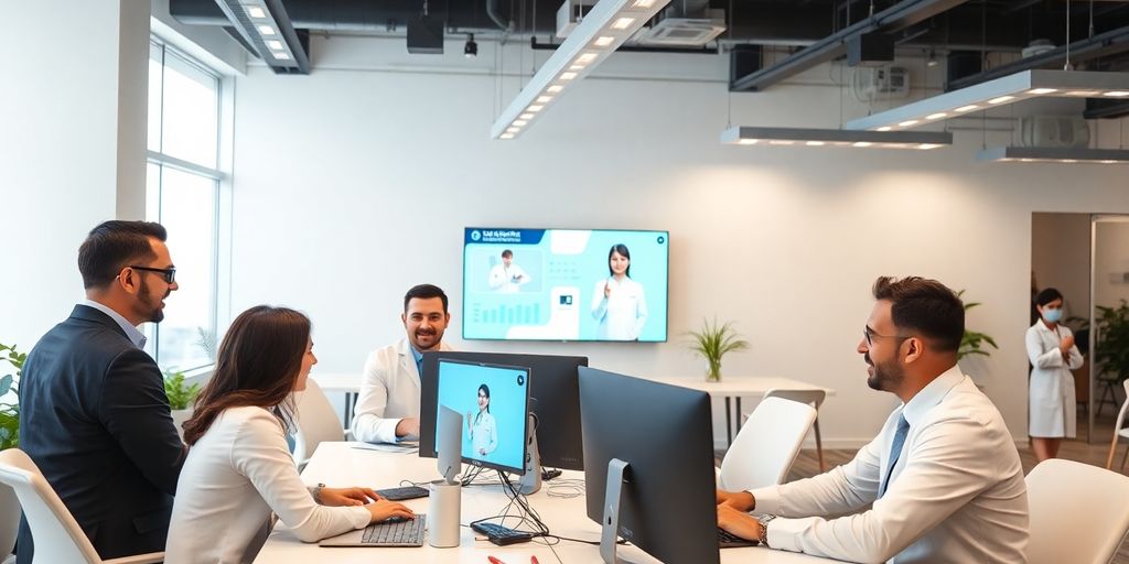 Profissionais de marketing digital em ambiente moderno e colaborativo.
