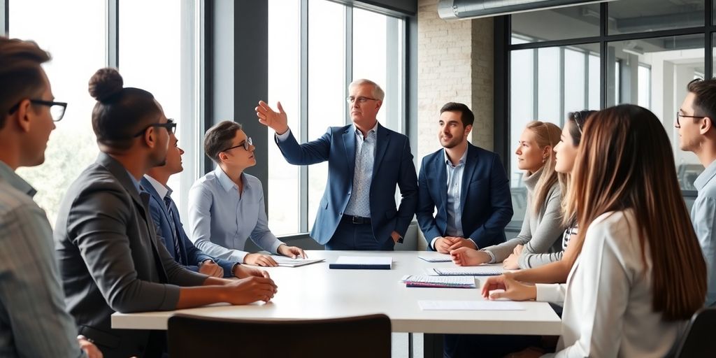 Technology director leading a team meeting