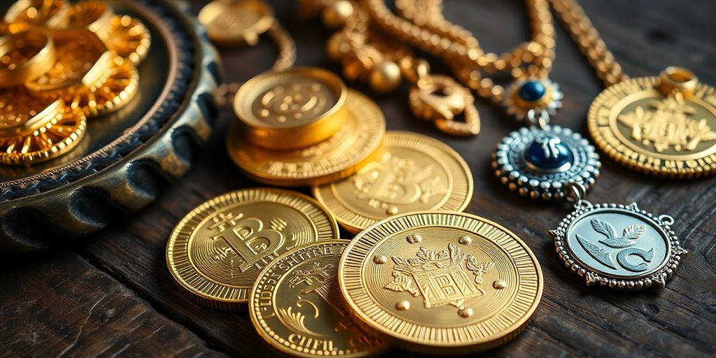 Pièces et bijoux en or sur une table en bois.