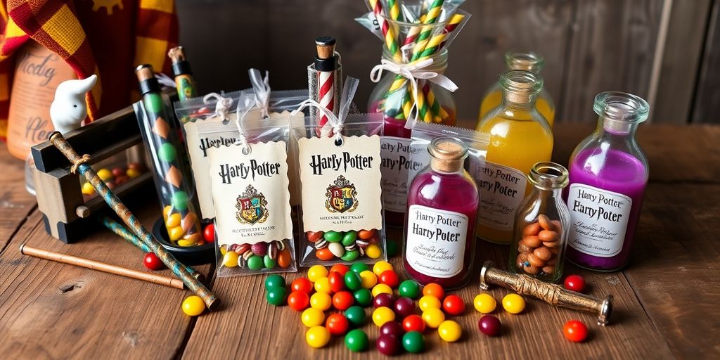 Harry Potter themed party favours on a wooden table.