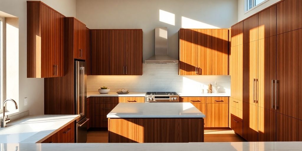 Modern kitchen with custom wooden cabinets.