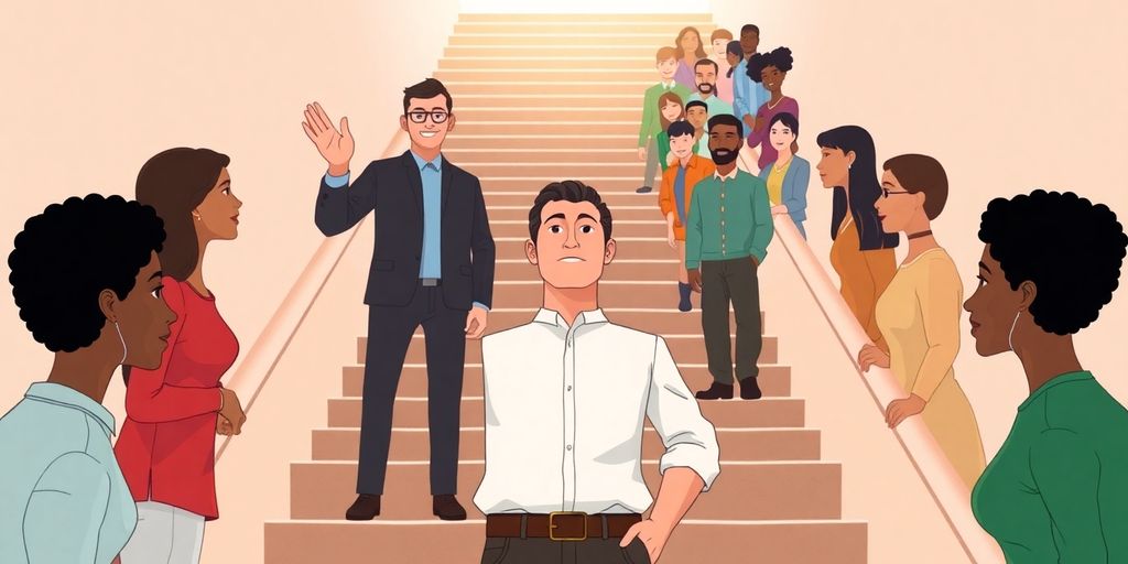 Leader guiding a team up a staircase.