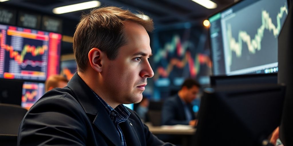 Trader focused on computer screen in modern office.