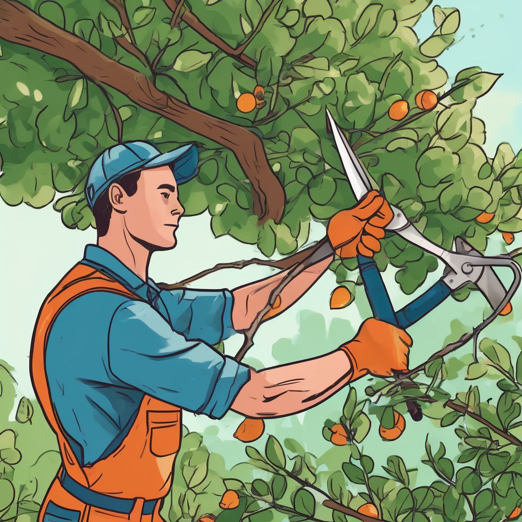person trimming tree branches safely with proper equipment in a garden
