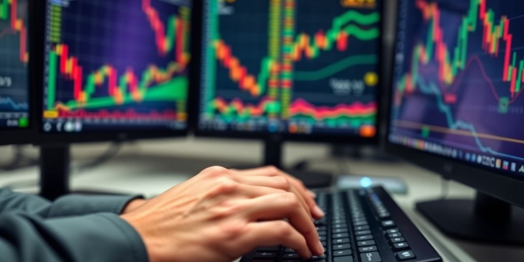 Trader's hand on keyboard, stock chart.