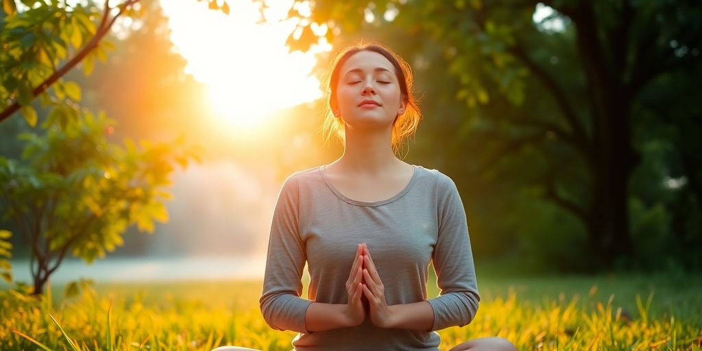 Person meditating peacefully outdoors at sunrise