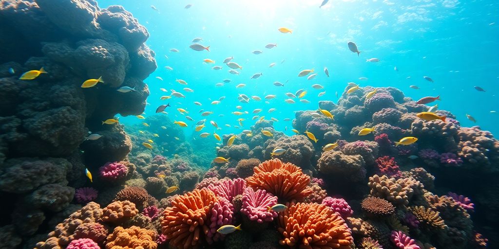 Coral reef teeming with colorful fish underwater.
