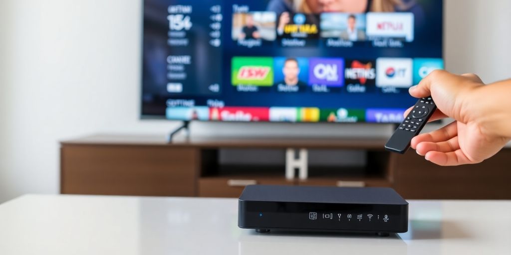 Modern IPTV set-top box, remote, and clear streaming TV.