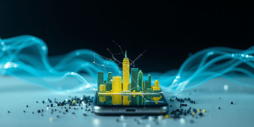 Cracked smartphone, digital waves.