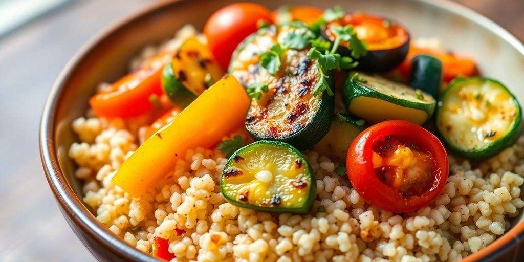 Quinoa com legumes grelhados em tigela.