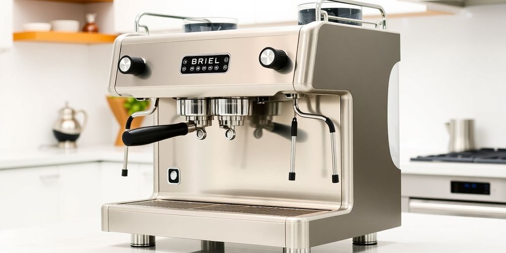 Elegant Briel Espresso Machine on a stylish kitchen countertop.