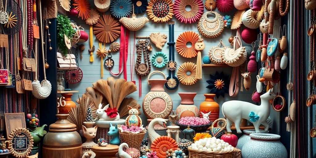 Colourful unique products displayed for online shopping.
