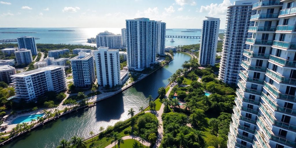 Aventura skyline with modern condos and lush greenery.
