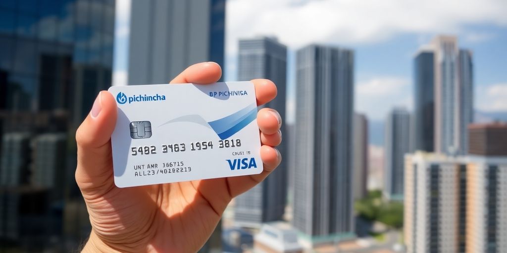 Hand holding Banco Pichincha Visa card with cityscape.