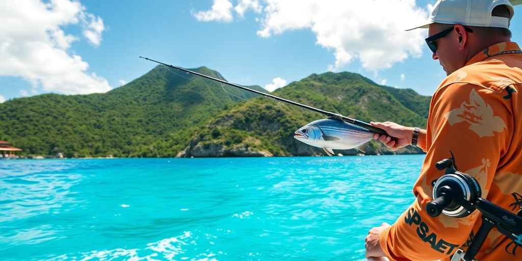 Angler reeling in a large fish near a tropical island.
