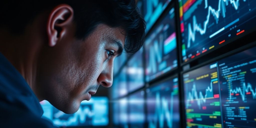 Person reviewing data streams on multiple screens.