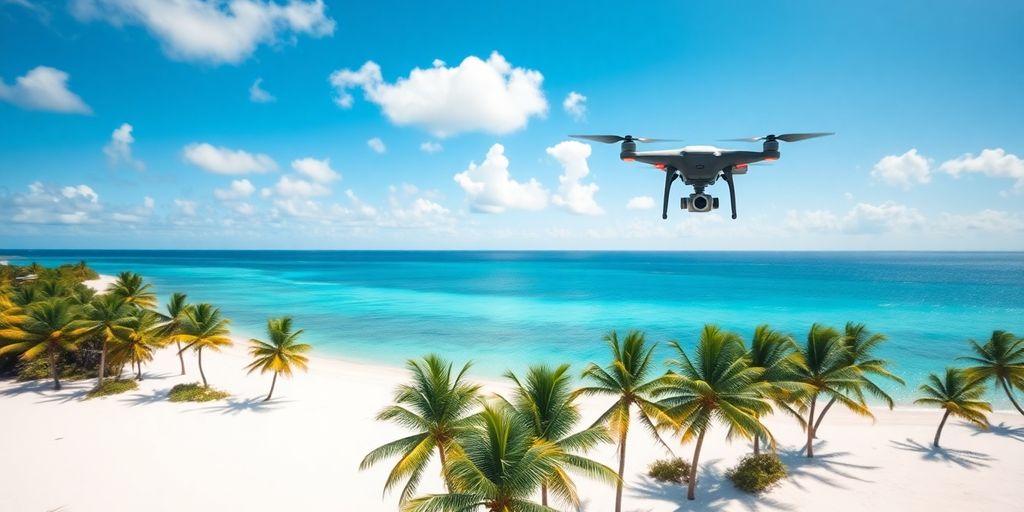 Drone volant au-dessus d'une plage des Caraïbes.