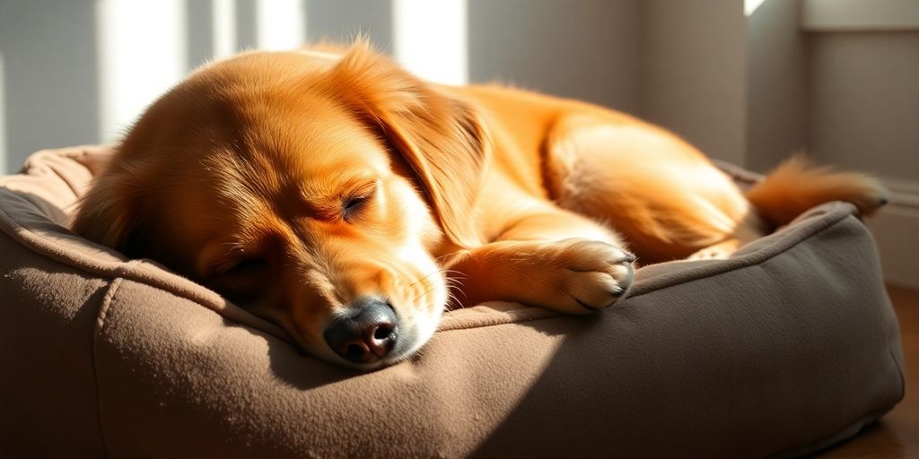 Dog sleeping peacefully on bed in sunlit room.