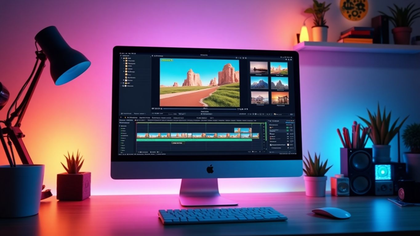 Modern video editing workspace with colorful clips.