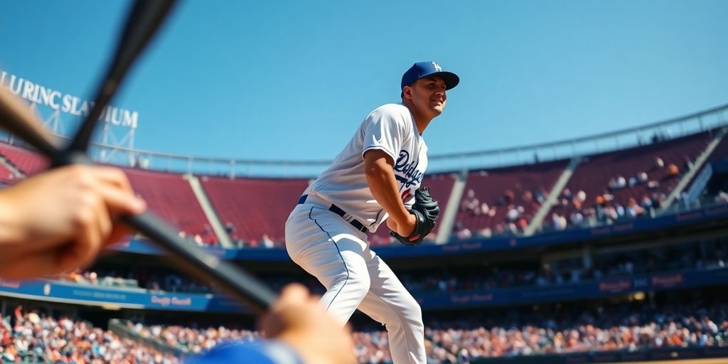 Dodger Stadium pitcher mid-windup, batter ready