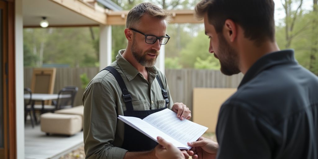 Homeowner consulting with contractor at a restoration site.