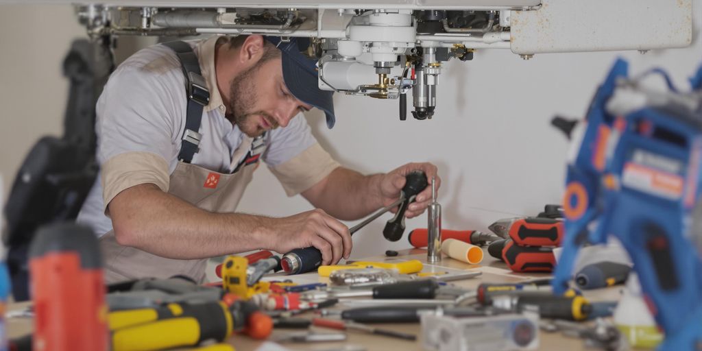 Technician repairing home fixture with tools in workspace.