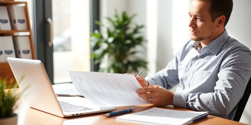 Small business owner reviewing liability insurance documents.