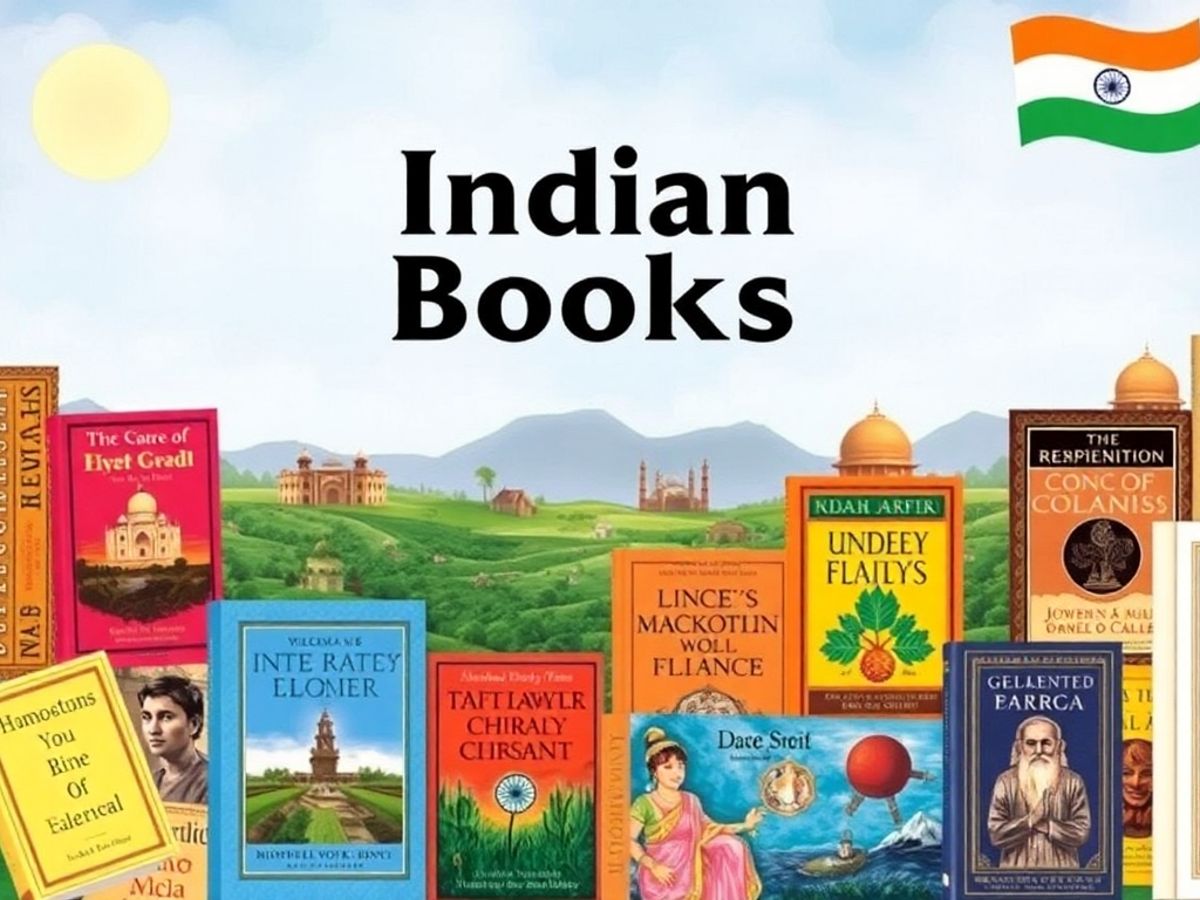 Colorful Indian book covers with scenic backgrounds.