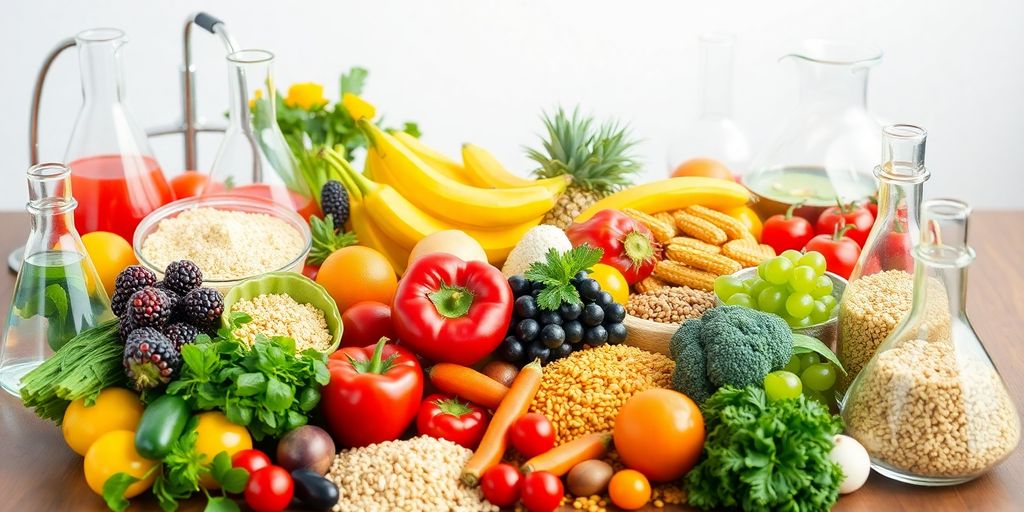 Colorful fruits and vegetables with lab equipment.