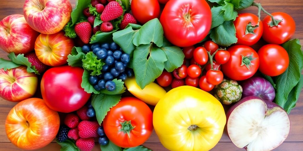 Fresh fruits and vegetables arranged beautifully.