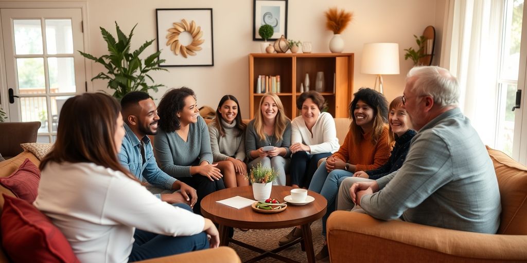 Diverse group chatting in cozy living room.