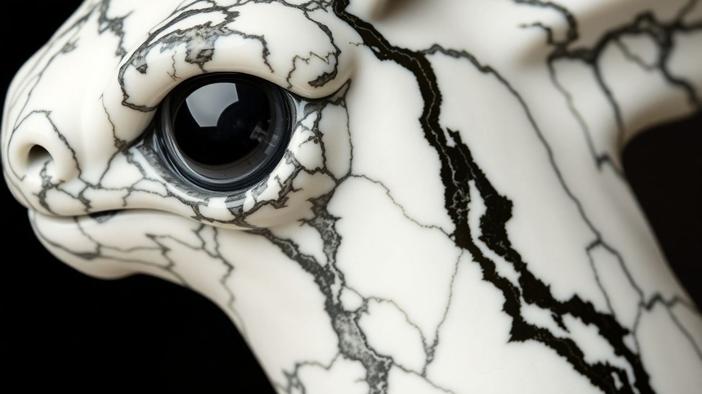 Creature with polished Calacatta marble body and dark veins.