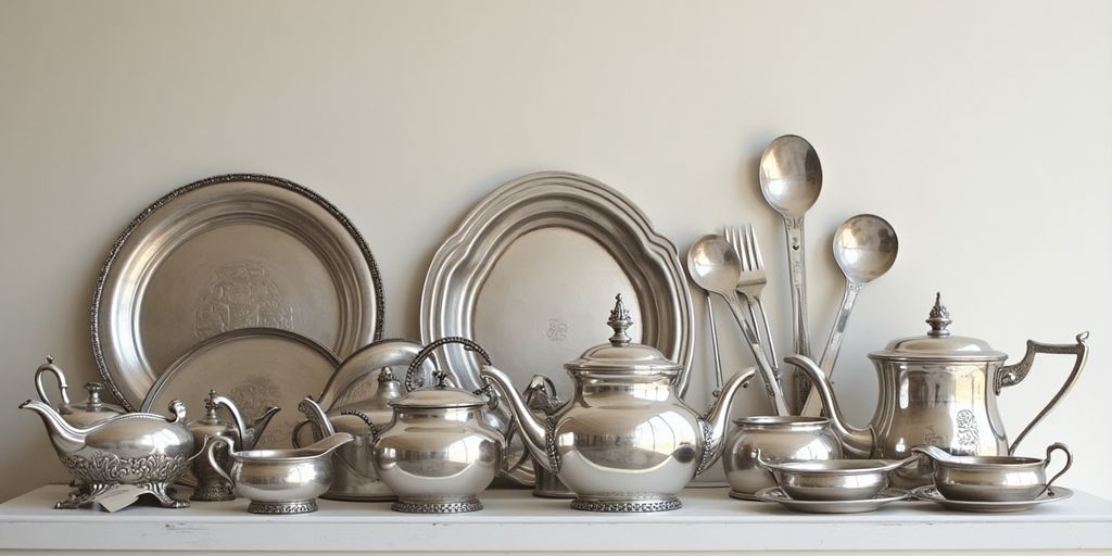 Vintage silver and silver-plated items on display.
