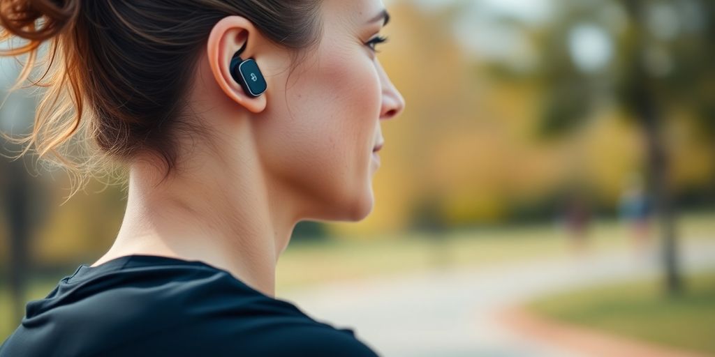 Person mit Bluetooth Kopfhörern beim Sport im Freien.