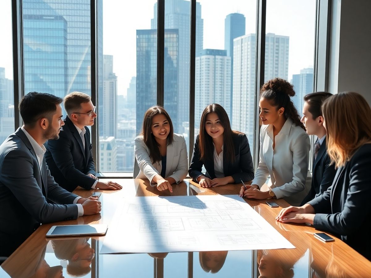 Oameni de afaceri discută strategii de investiții imobiliare.