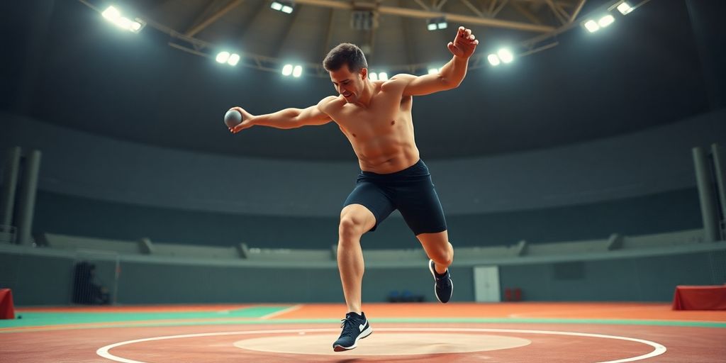 Athlete throwing shotput with focused intensity.