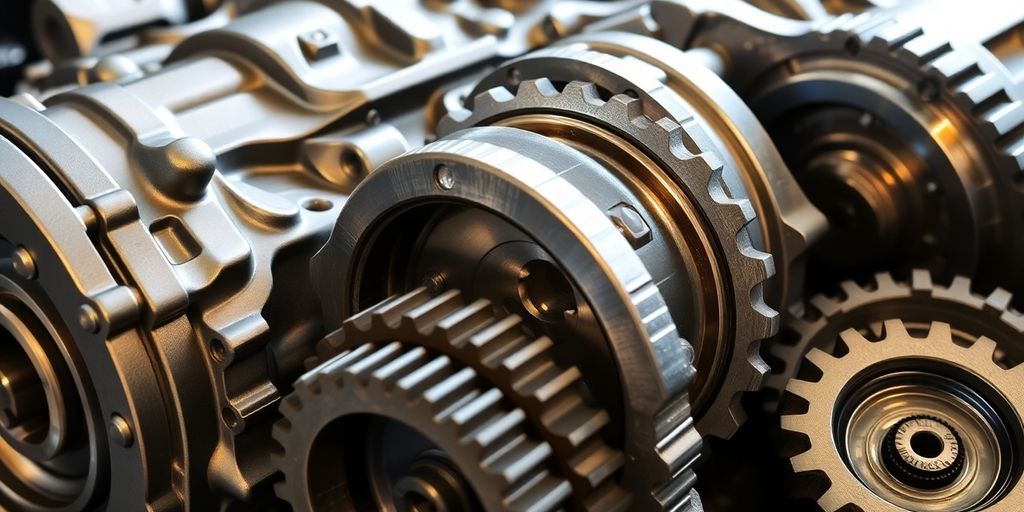 Close-up of shiny Ford transmission parts and gears.