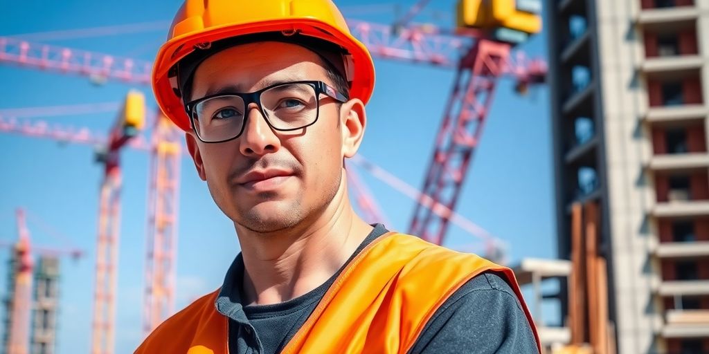 Construction worker inspecting a site with safety gear.