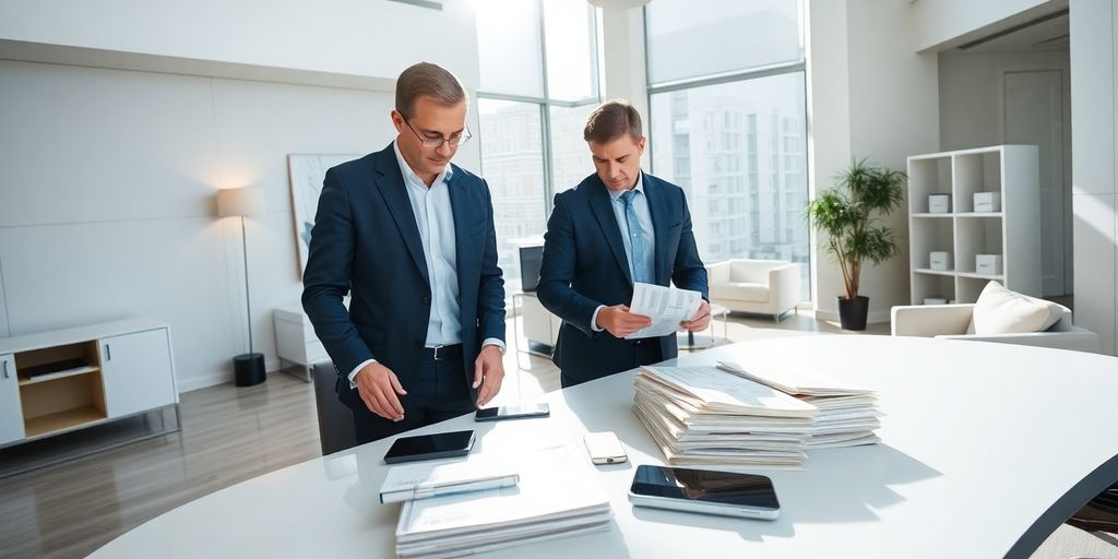 Business professionals reviewing papers in a modern, sunlit office scene.