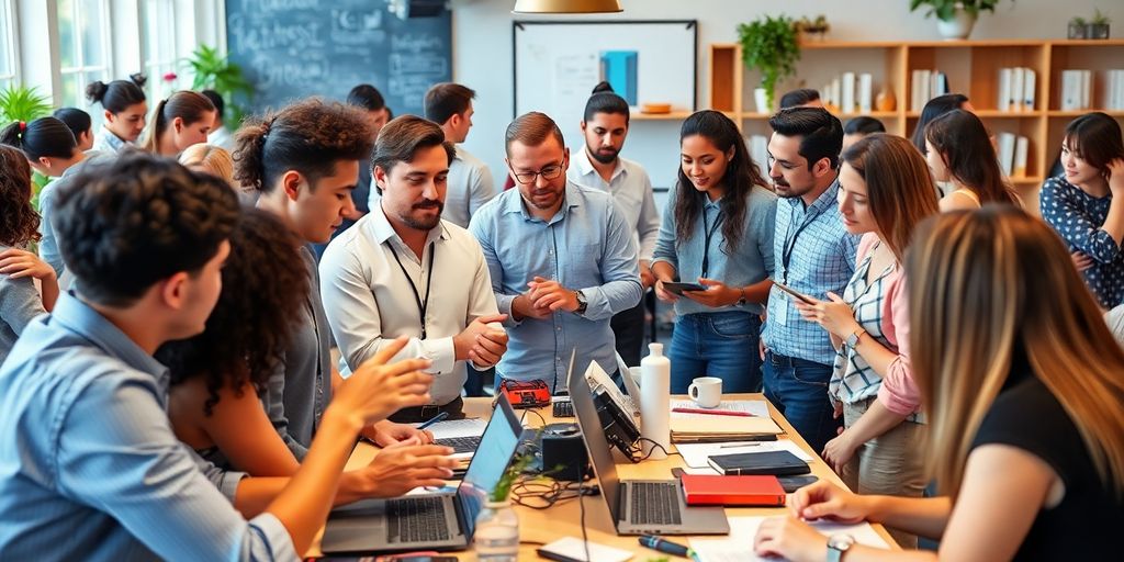 Diverse team collaborating in a vibrant workspace on products.